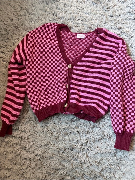Pink Lily Sweaters - Pink Lily Pink and Burgundy Checkerboard Striped V-Neck Cardigan